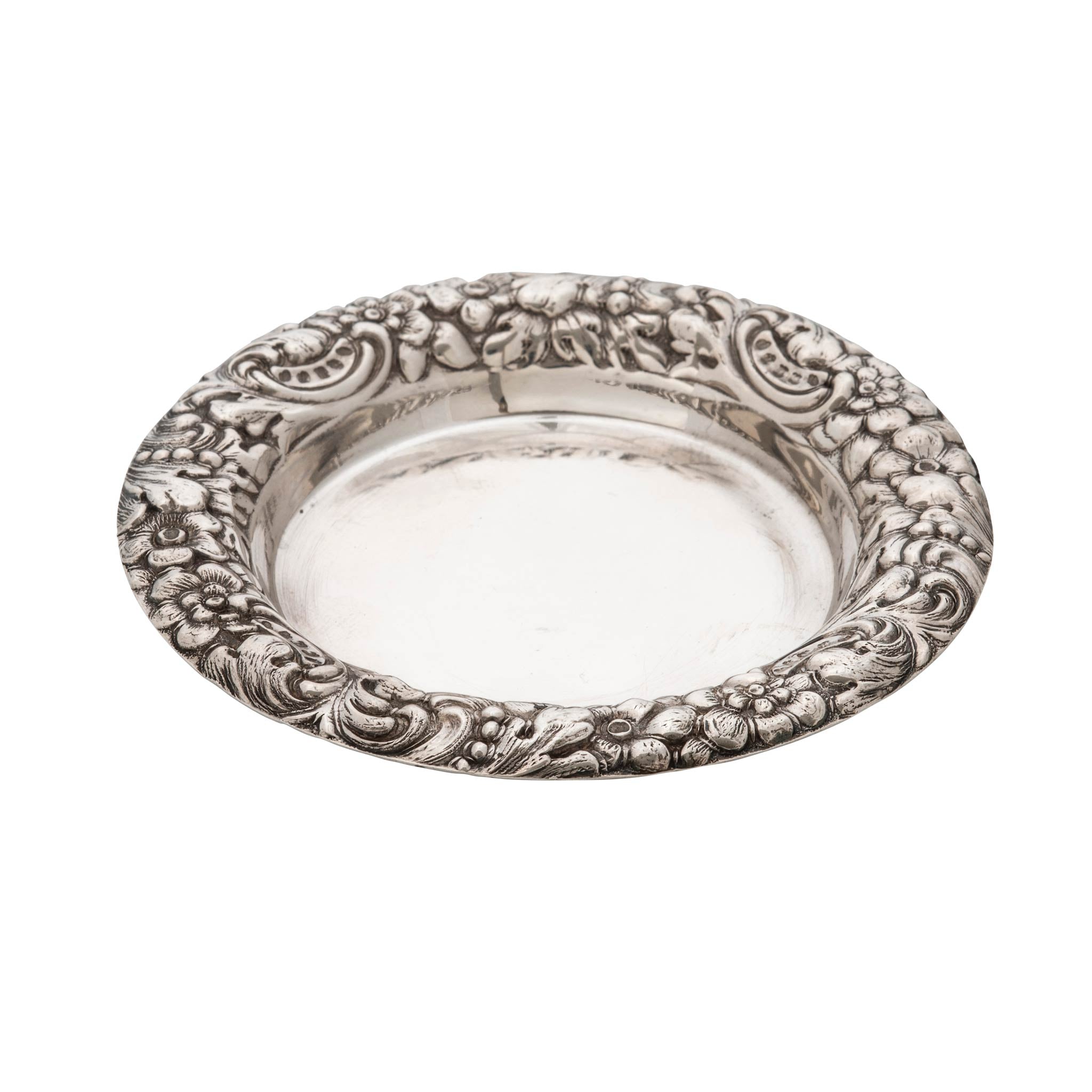 Vintage Sterling Silver Floral Repoussé Round Nut Dish