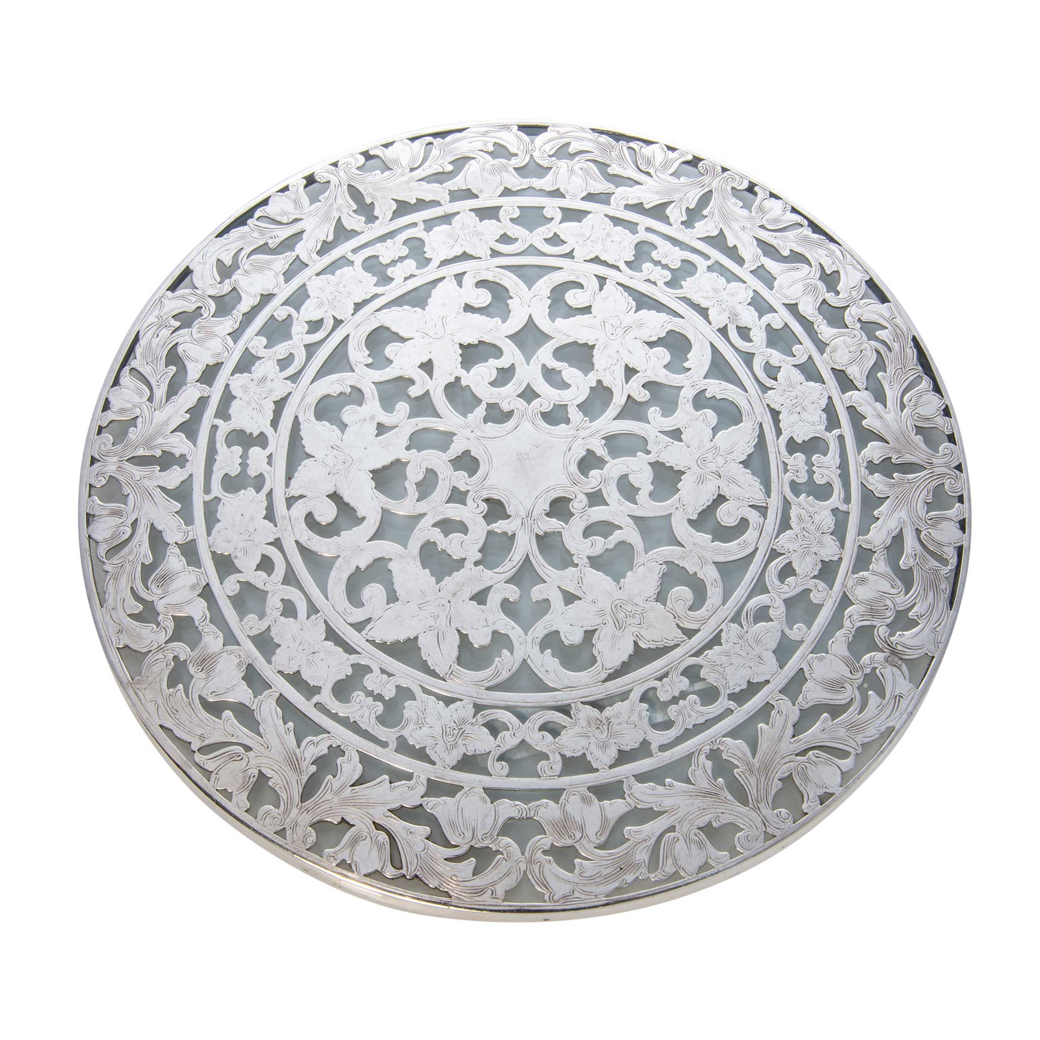 Vintage Webster Floral Sterling Silver & Glass Trivet 8 inch