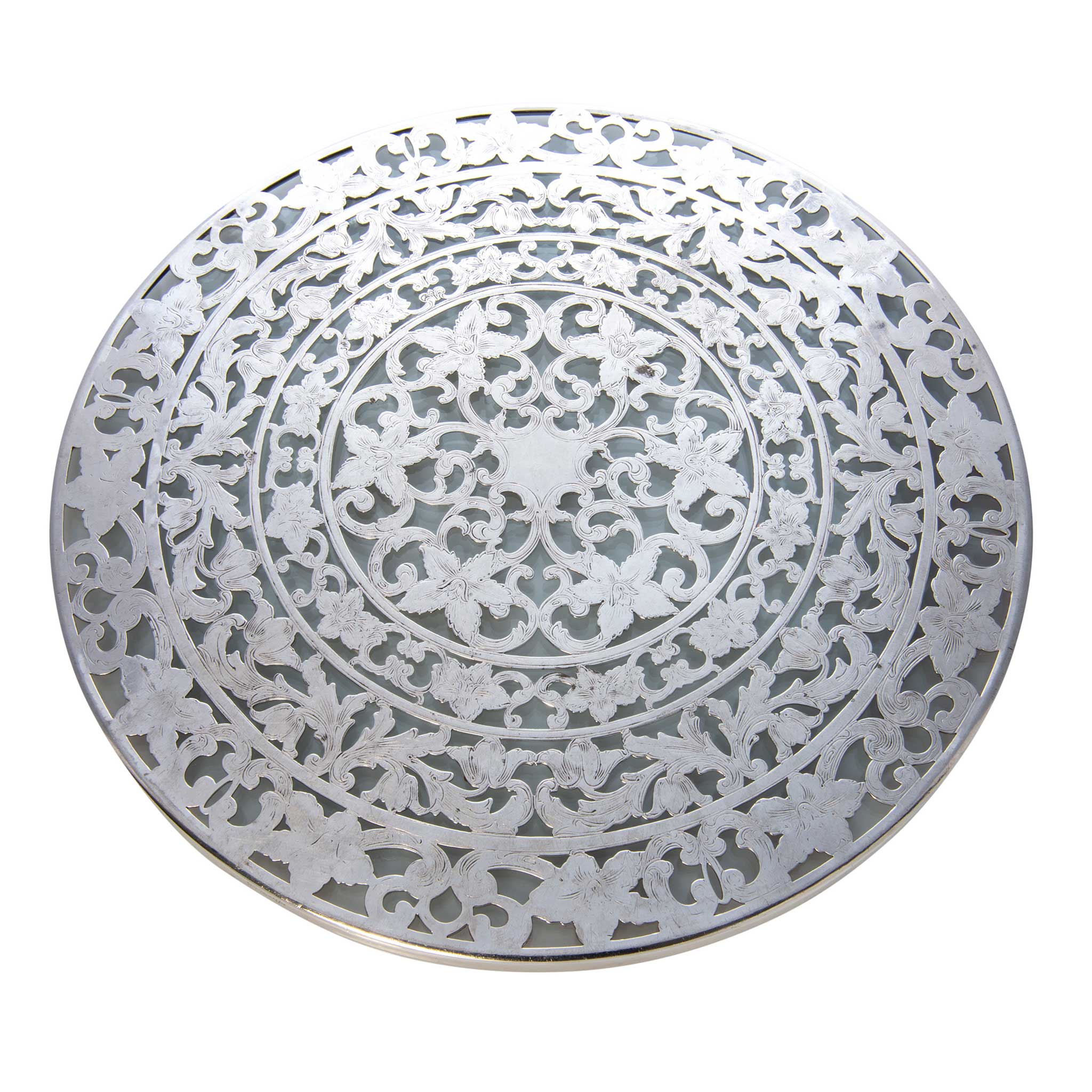 Vintage Webster Floral Sterling Silver & Glass Trivet 10 inch