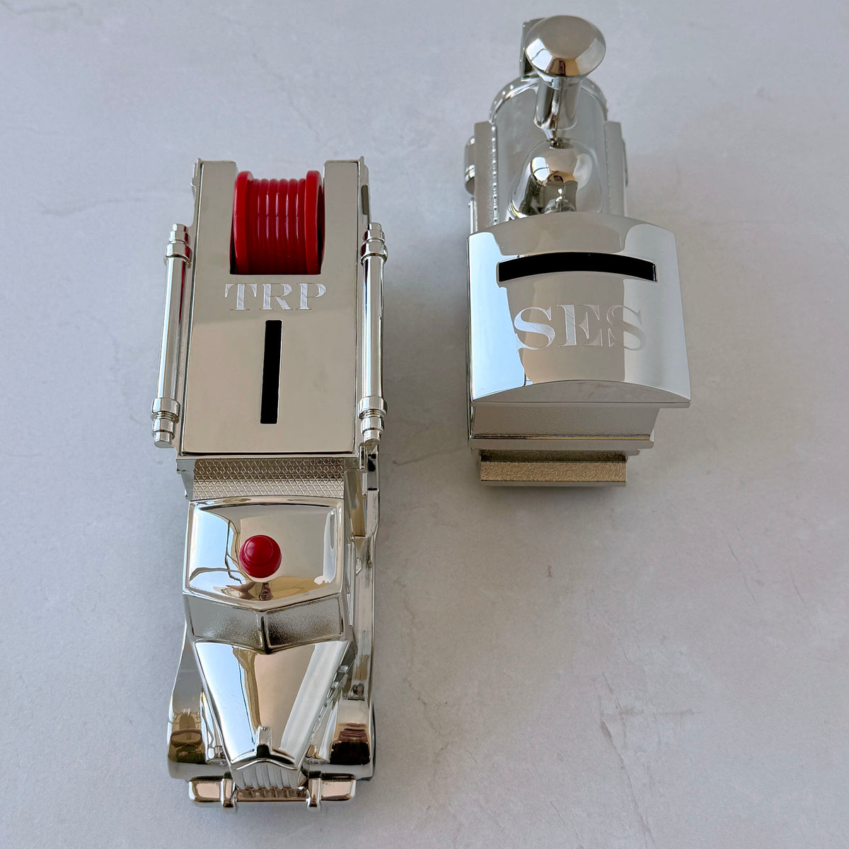 Fire Engine Coin Bank and Choo Choo Train Coin Bank with machine engraved block initials