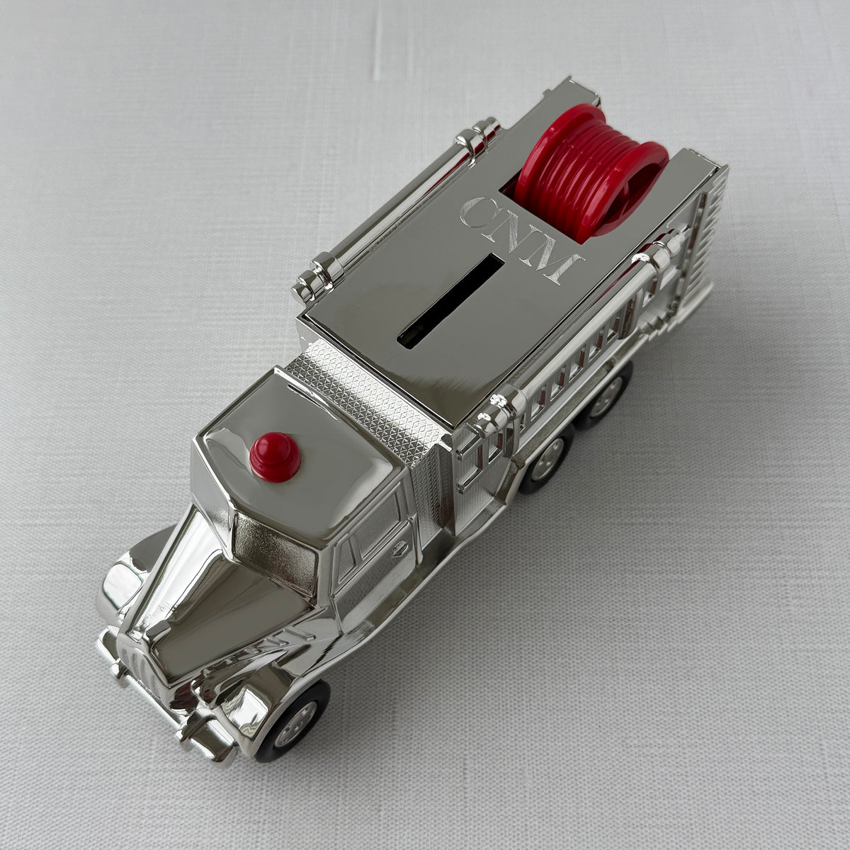 Fire Engine Coin Bank with machine engraved block initials