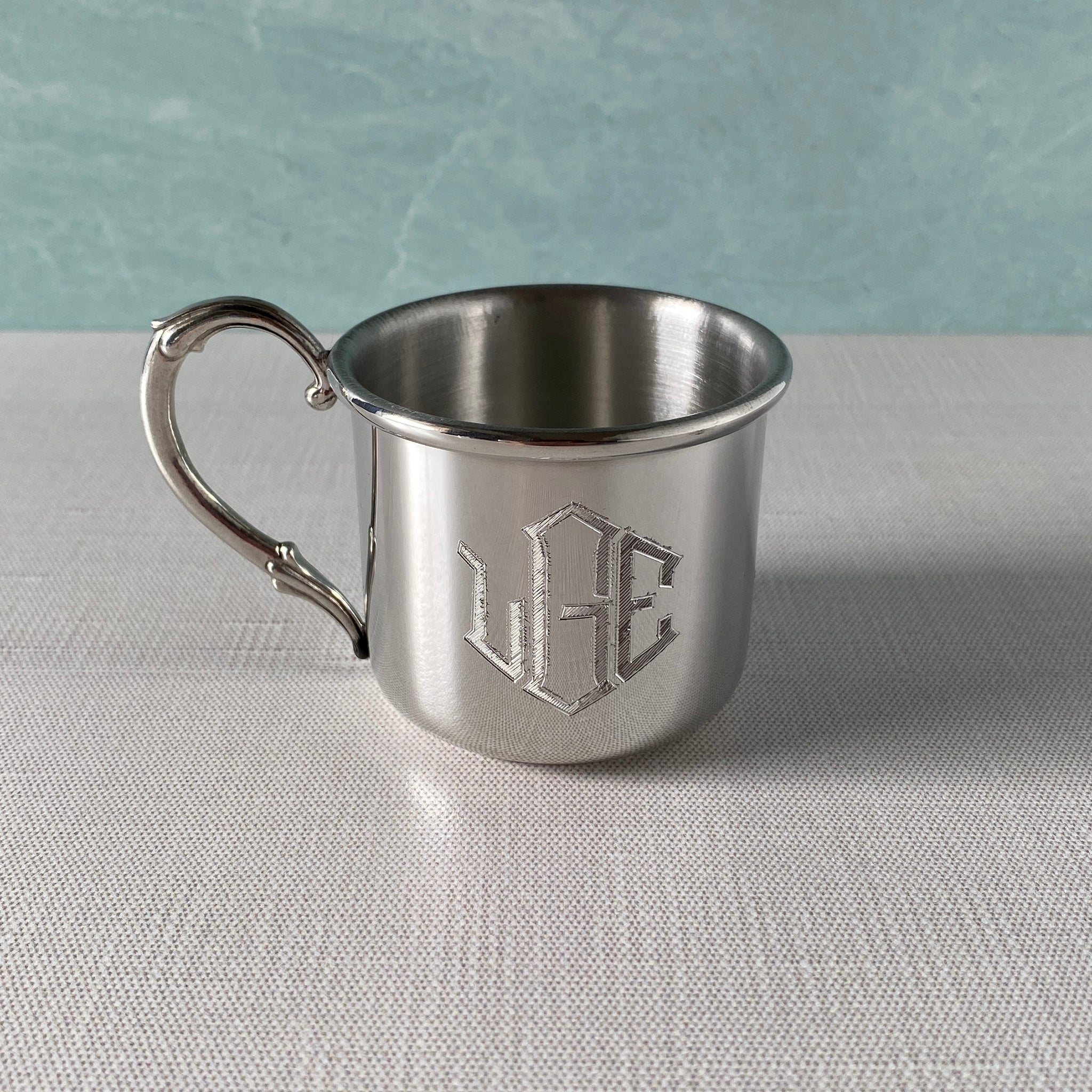 Pewter Easton Cross Baby Cup with machine engraved Diamond Monogram