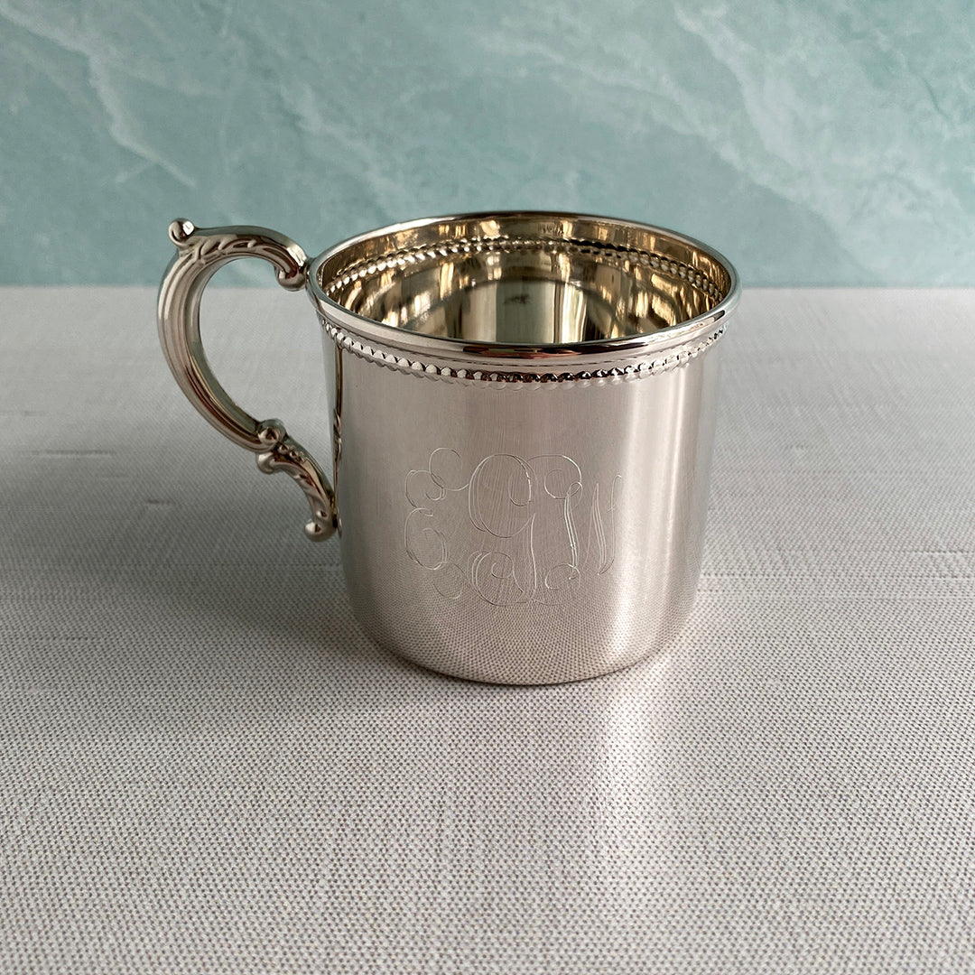 Sterling Silver Beaded Edge Baby Cup with machine engraved interlocking script monogram