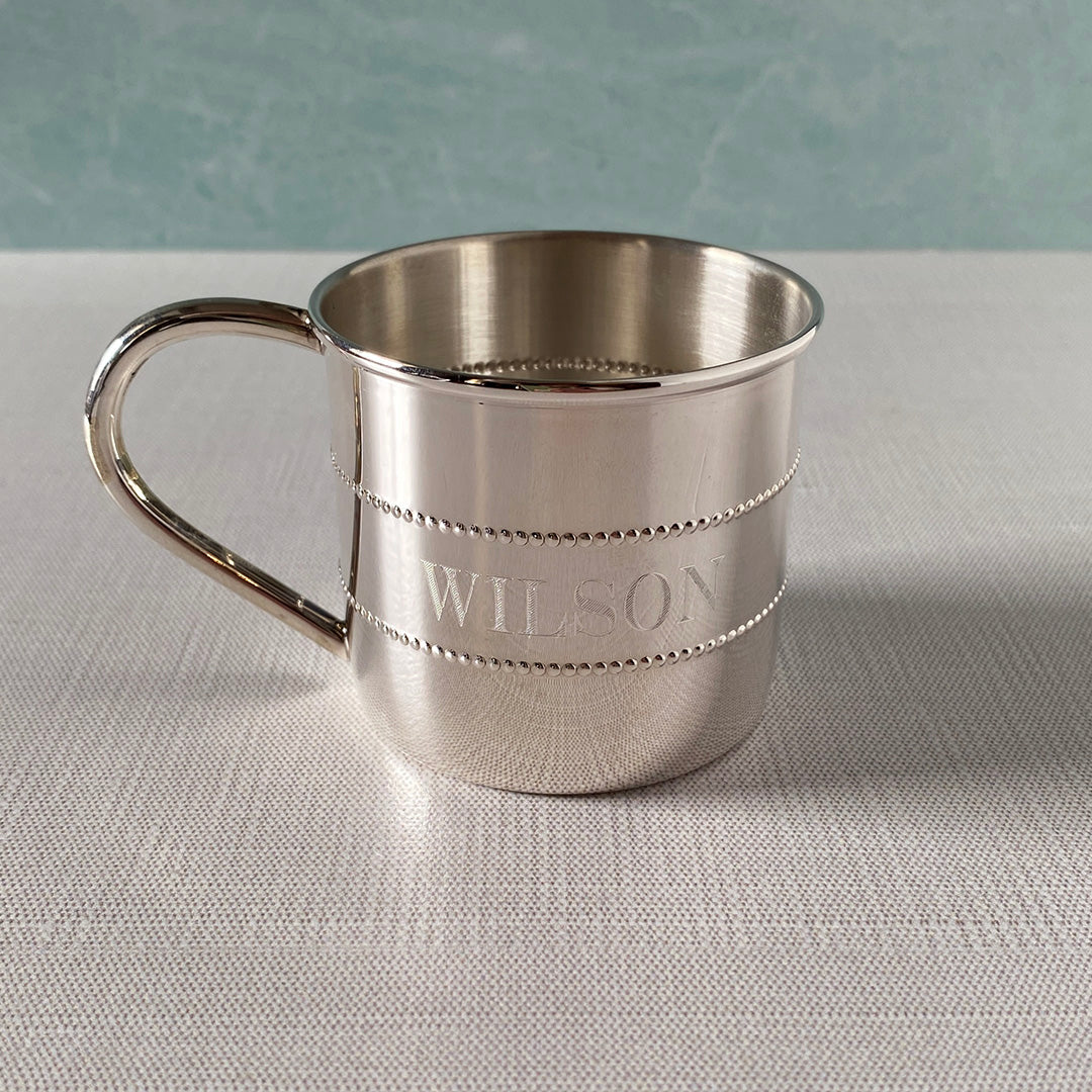 Sterling Silver Beaded Baby Cup with machine engraved name