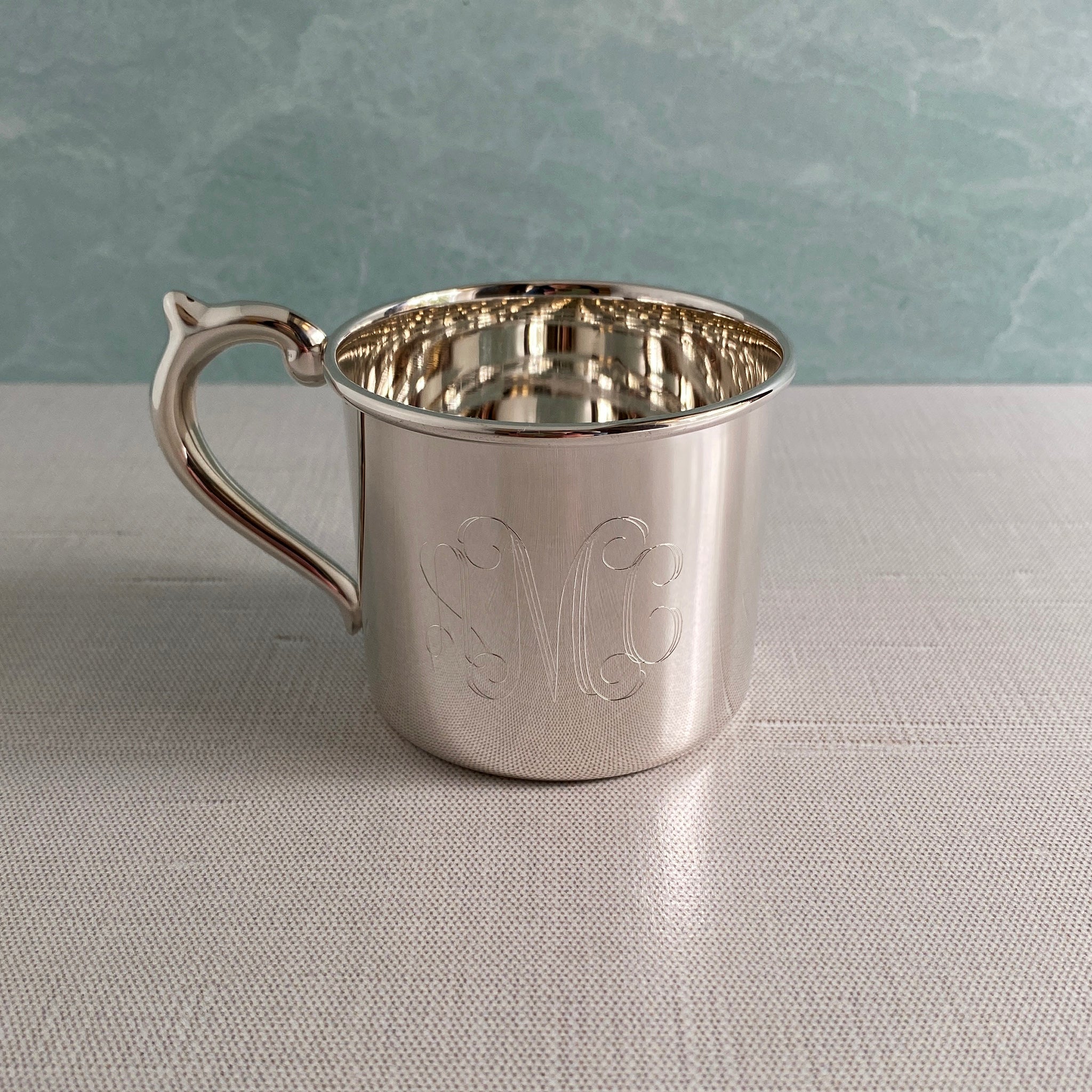 Sterling Silver Traditional Baby Cup with machine engraved interlocking monogram