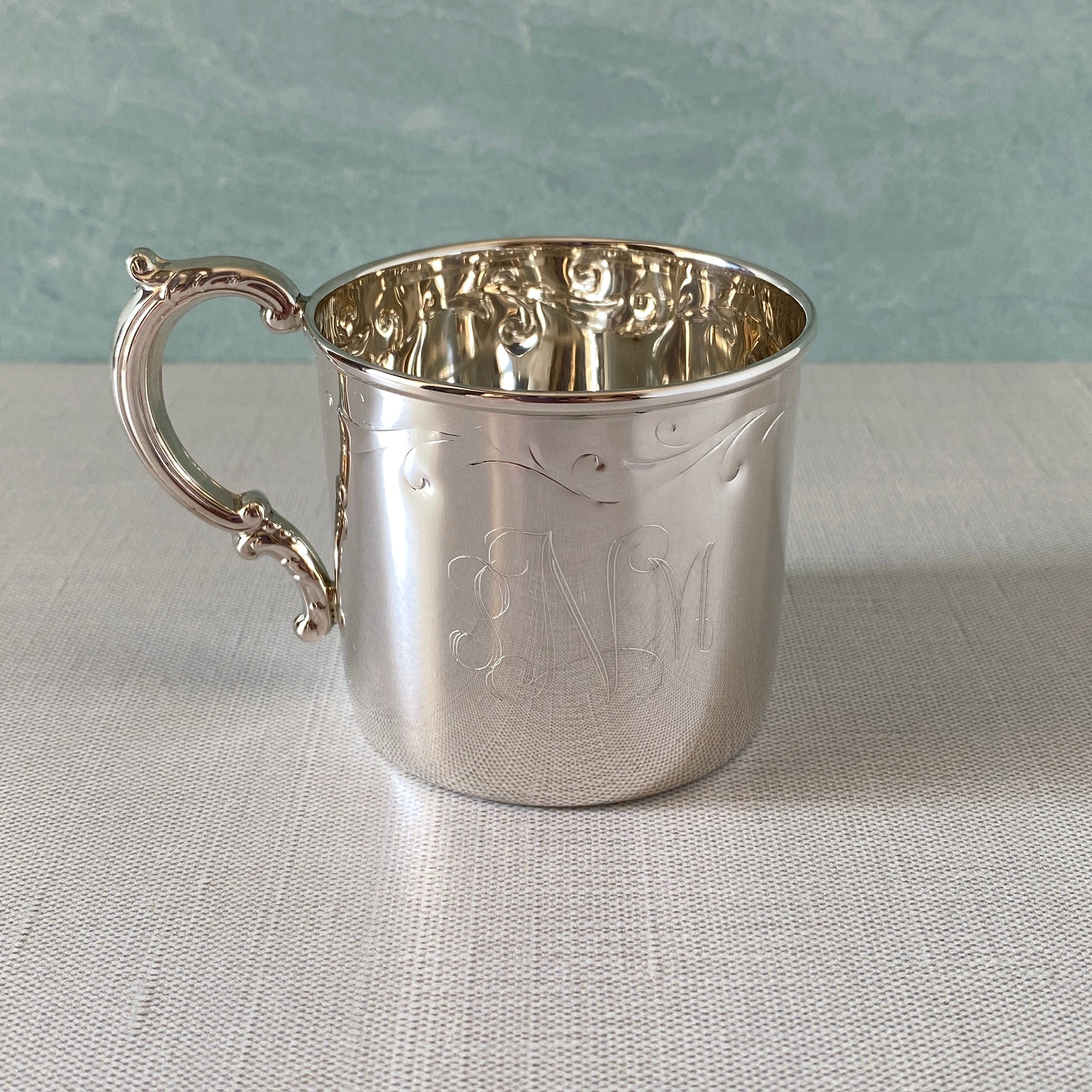 Sterling Silver Floral Baby Cup with machine engraved interlocking script monogram