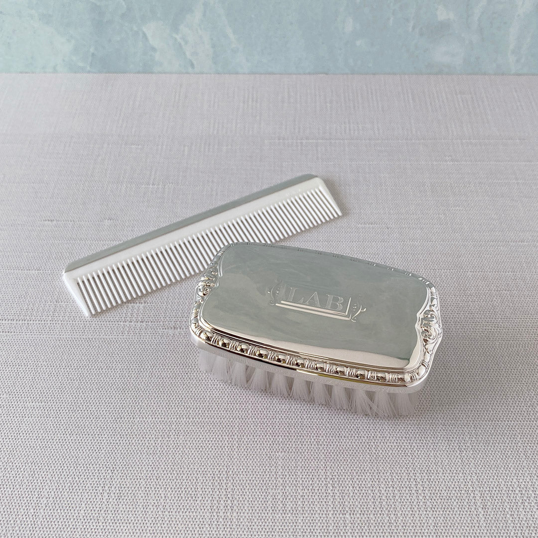 Sterling Silver Boy's Shield Brush & Comb Set with machine engraved initials