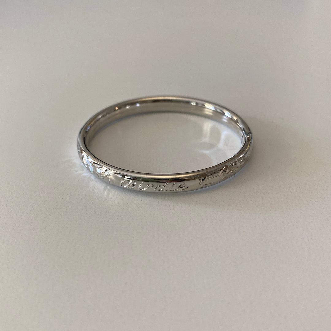 Baby Sterling Silver Floral Signet Bangle with machine engraved name