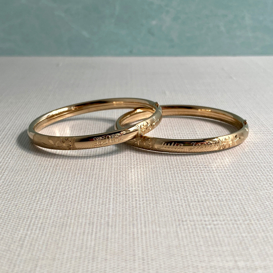 Child 14K Gold Filled Floral Signet Bangle with machine engraving