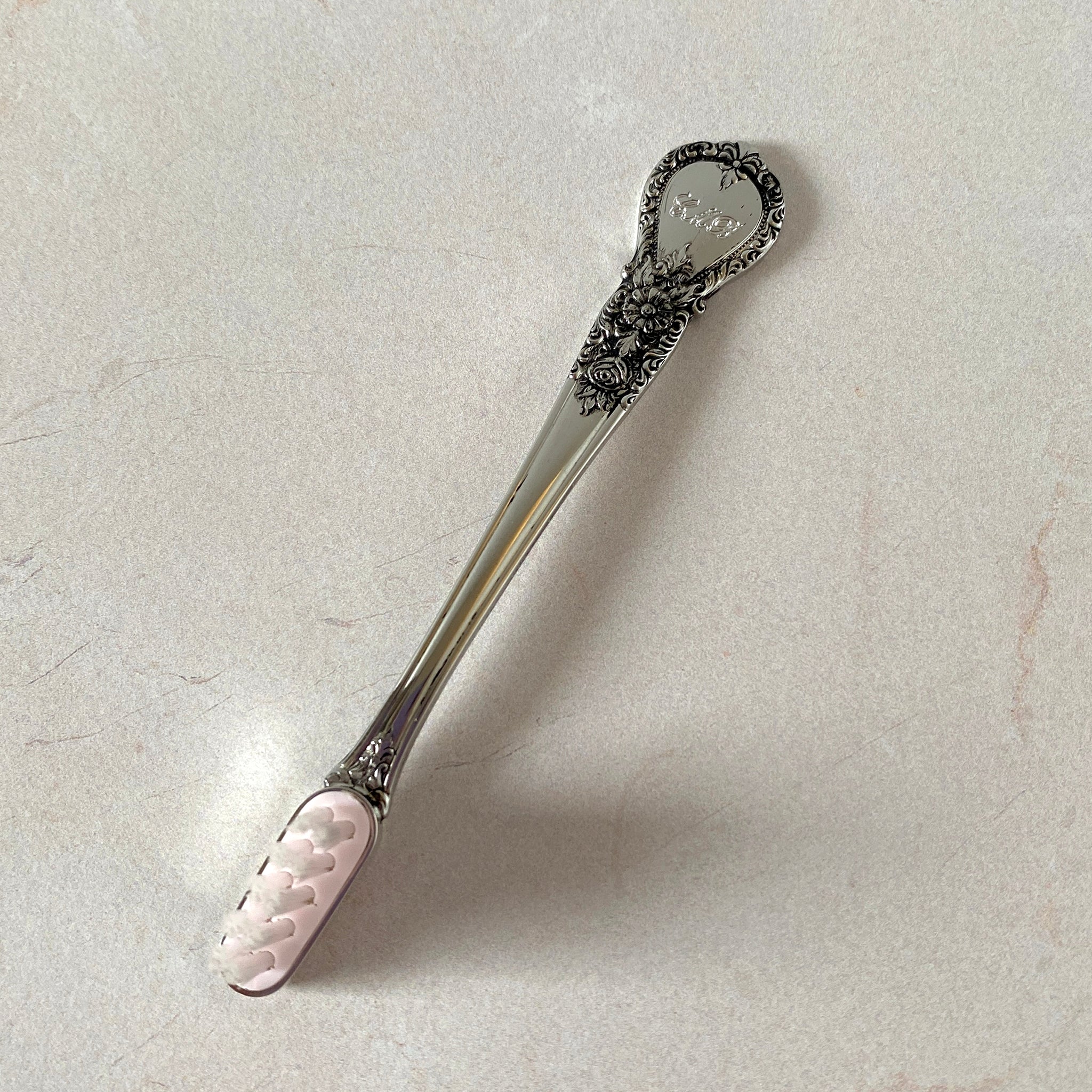 Pewter Handle Pink Baby Toothbrush with machine engraved script initials