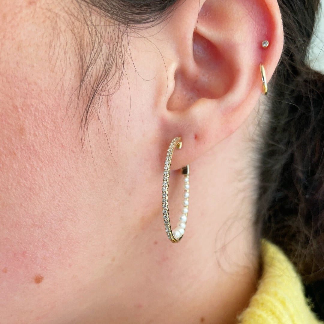Pearl & Diamond Pavé 14K Gold Oval Hoop Earrings