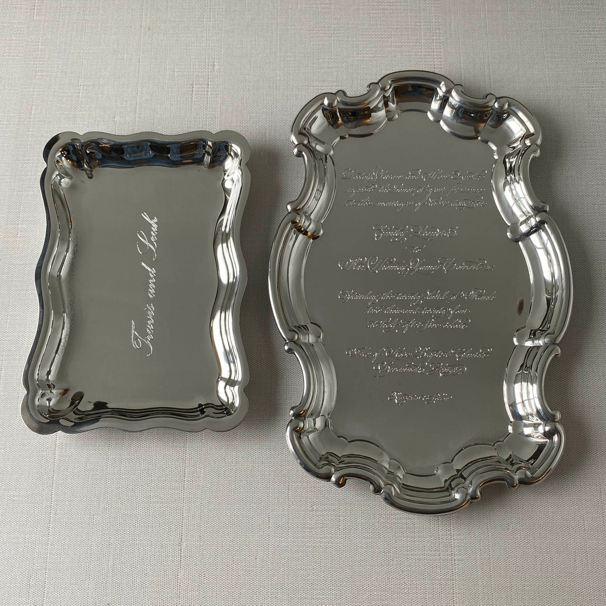 Pewter Chippendale Small Tray, Pewter Chippendale Tray with Engraved Wedding Invitation