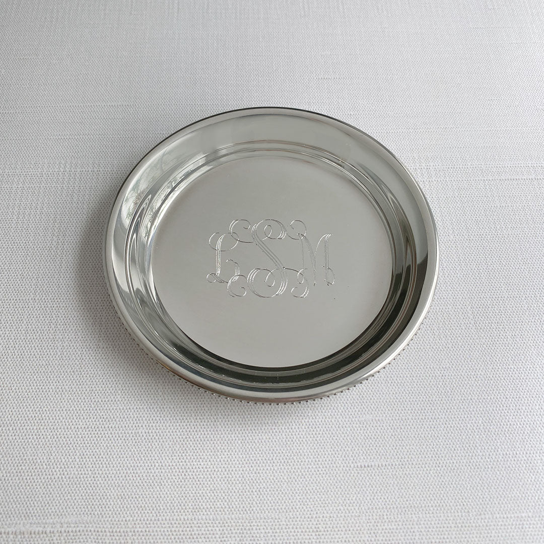 Pewter Beaded Drink Coaster with machine engraved interlocking script monogram