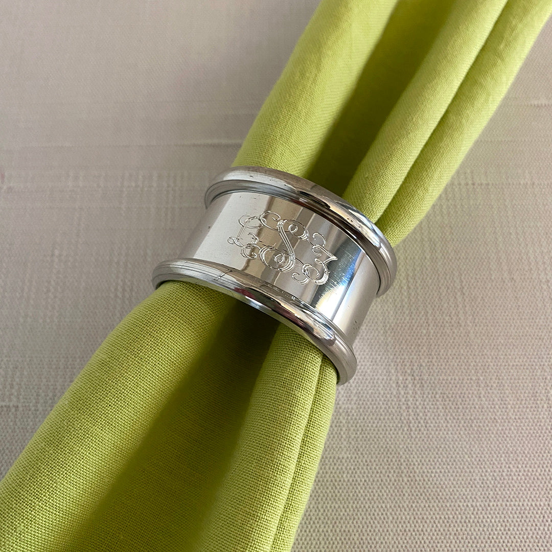Pewter Napkin Ring with machine engraved interlocking script monogram