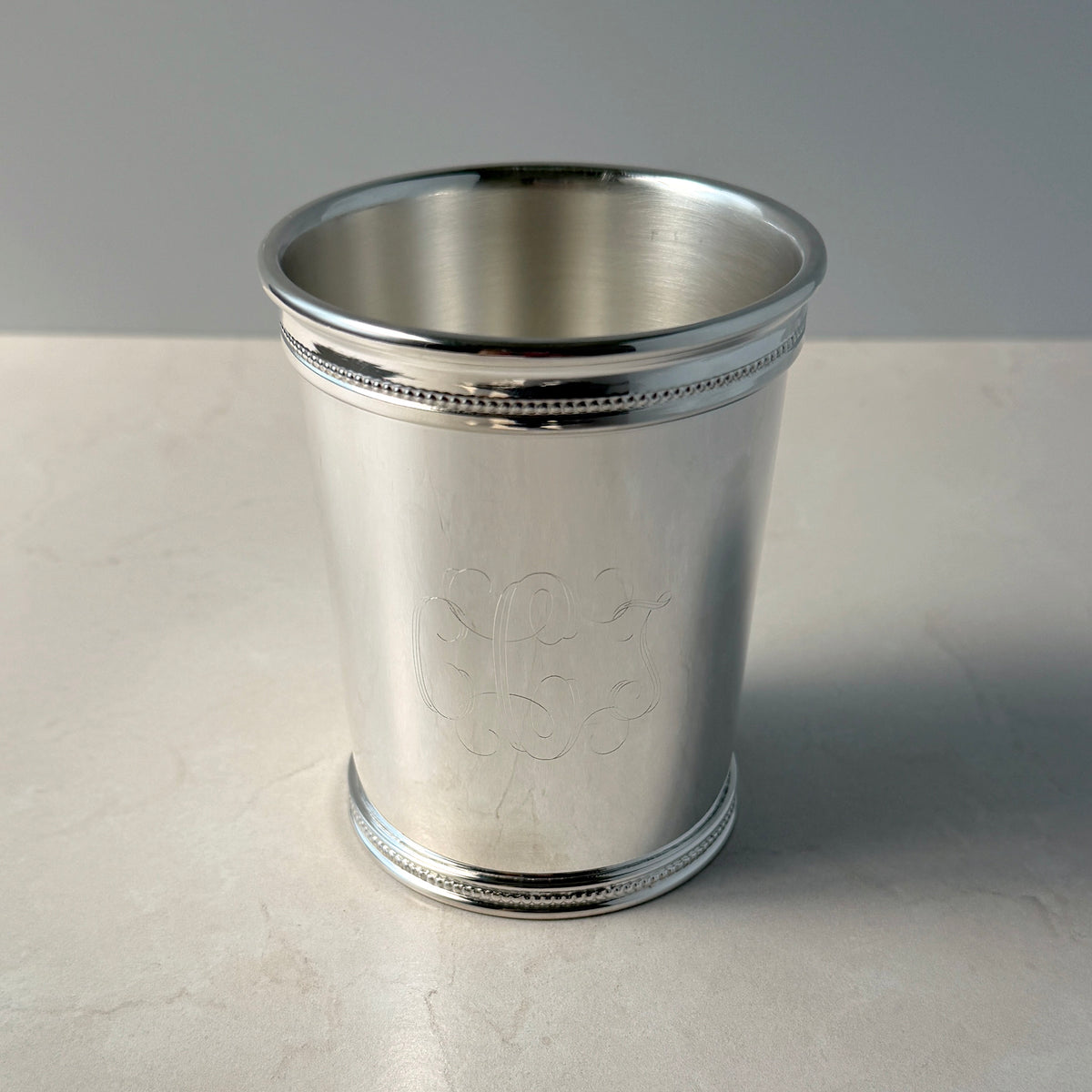 Silver-Plated Kentucky Julep Cup with machine engraved interlocking script monogram
