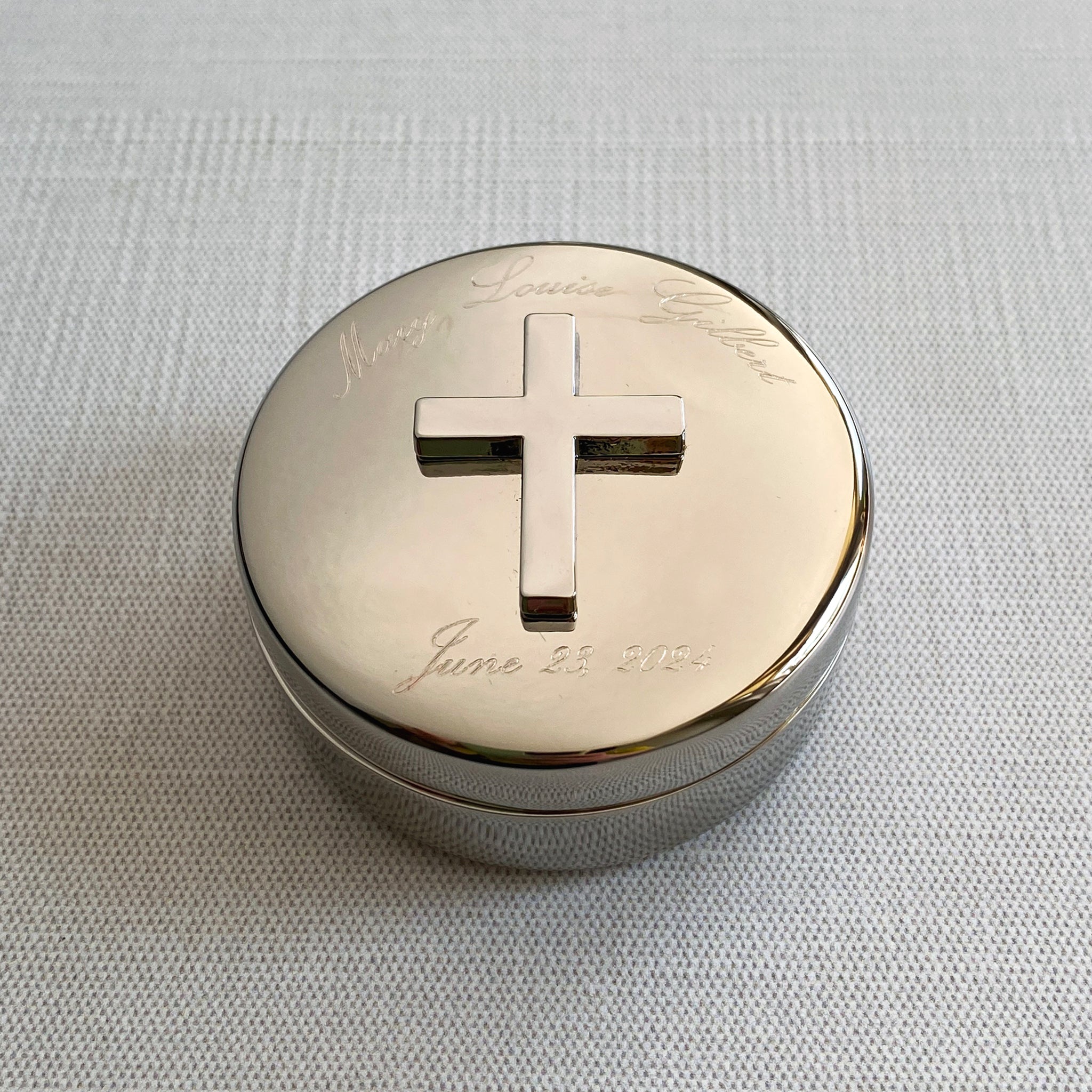 Small Round Cross Keepsake Box with machine engraved name and date