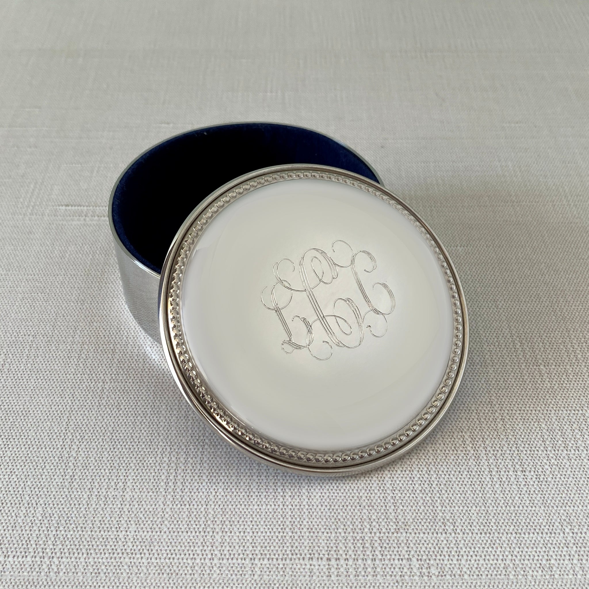 Pewter Round Beaded Jewelry Box with machine engraved interlocking script monogram