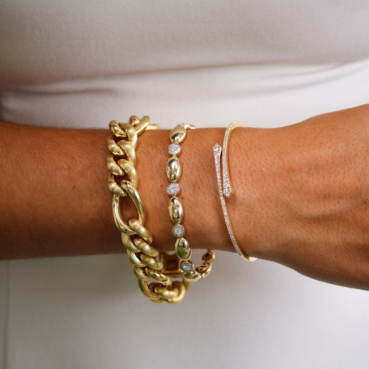 The Mini Mariana Bracelet, The Mary Pavé Diamond Station Line Bracelet, Diamond 18K Yellow Gold Bypass Flexible Bangle