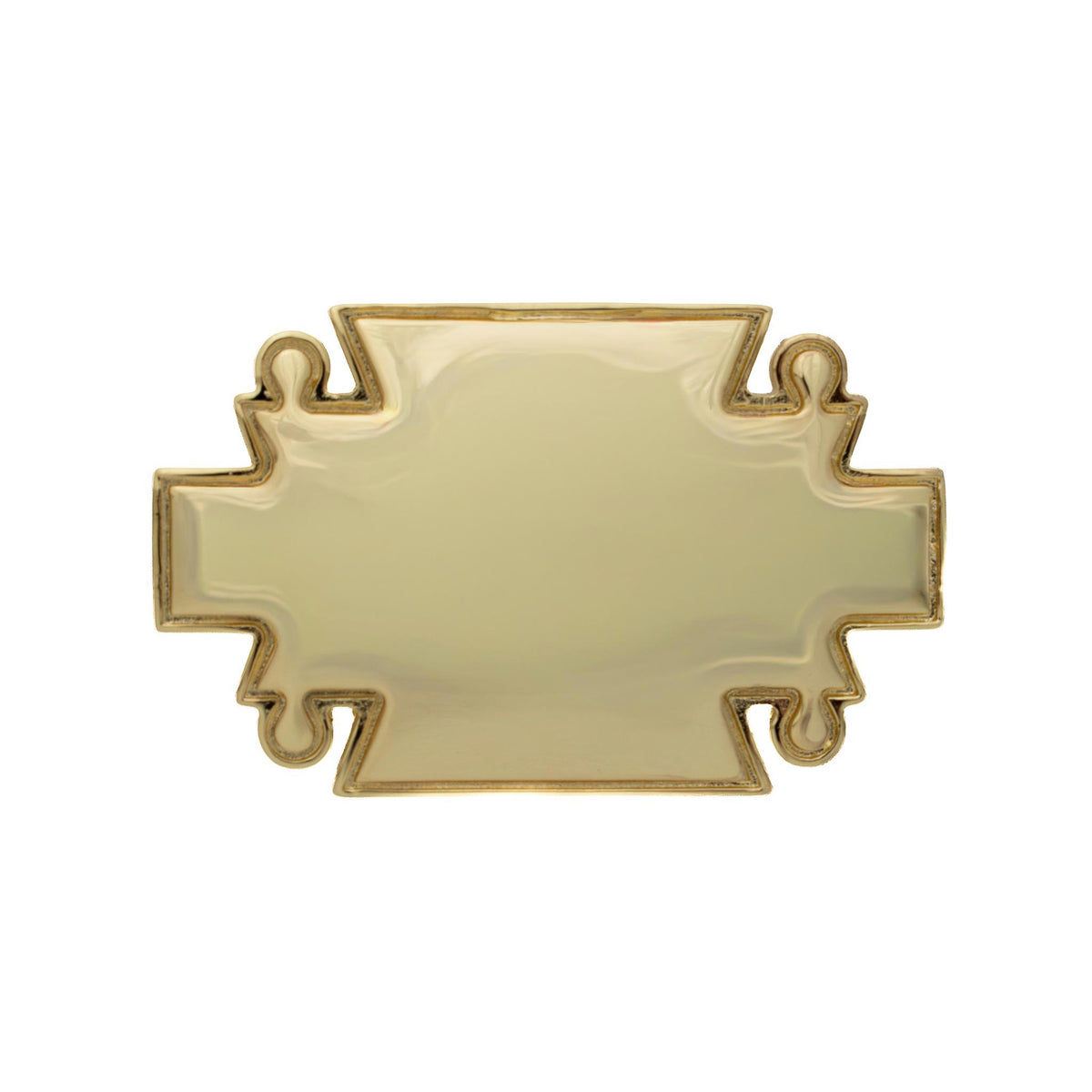Croghan’s women’s gold-plated 1-inch plaque belt buckle with a polished face and decorative scroll edges.