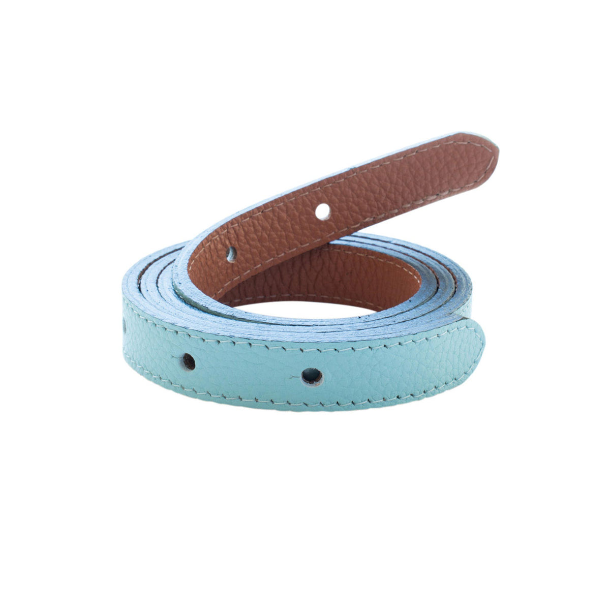 Coiled reversible leather narrow belt strap in light blue and saddle brown, shown without a buckle on a white background.
