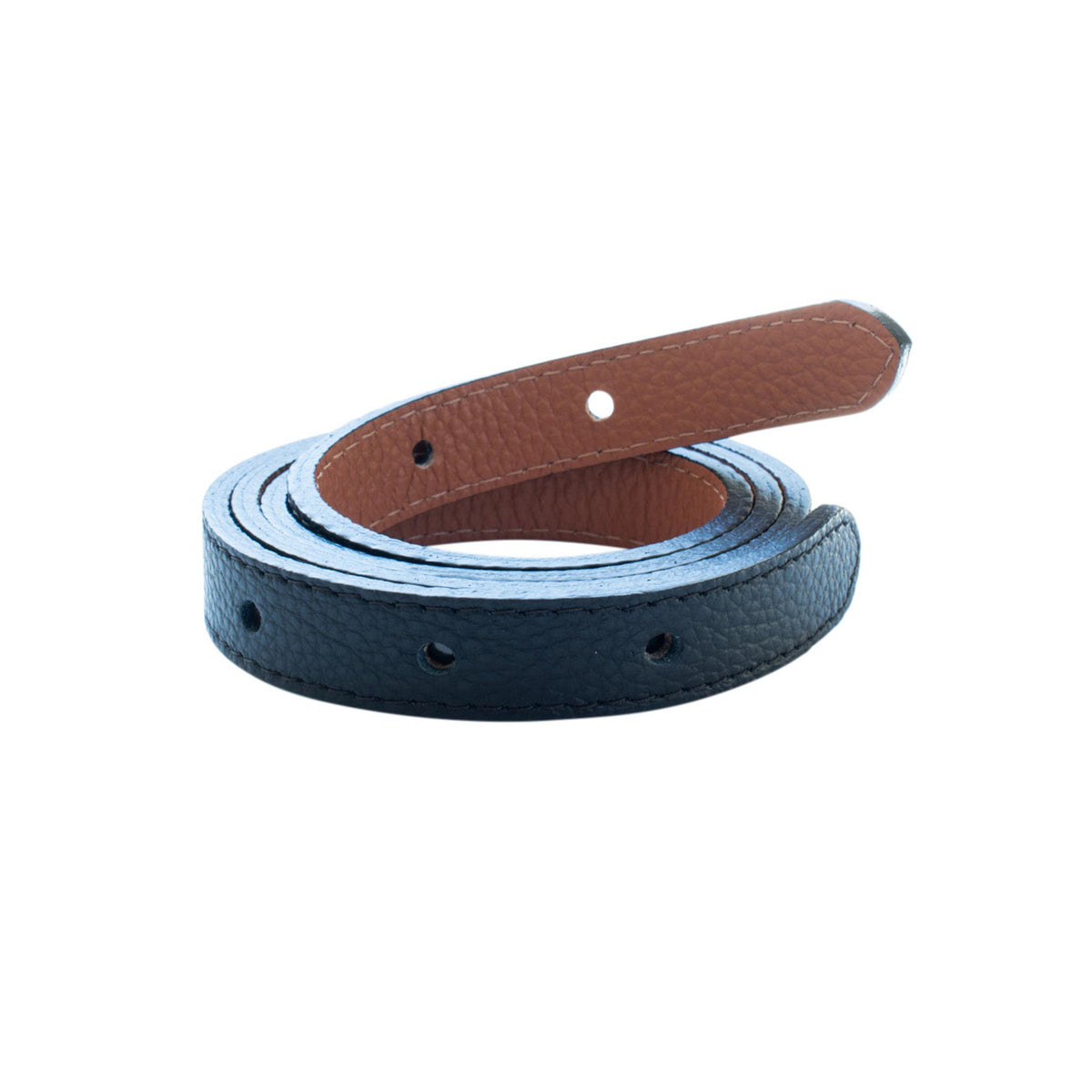 Coiled reversible leather narrow belt strap in black and saddle brown, shown without a buckle on a white background.