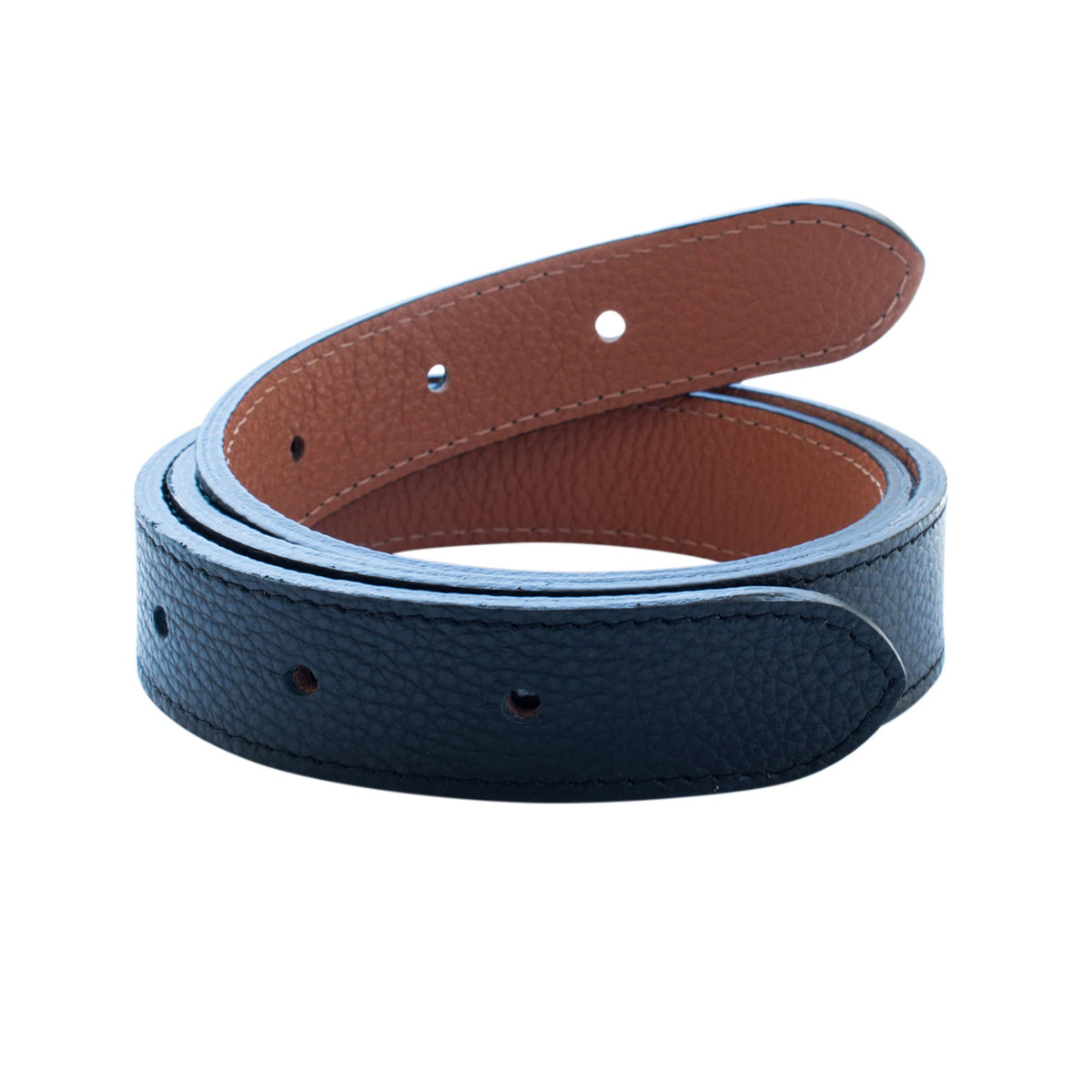 Coiled reversible leather belt strap in black and saddle brown, shown without a buckle on a white background.