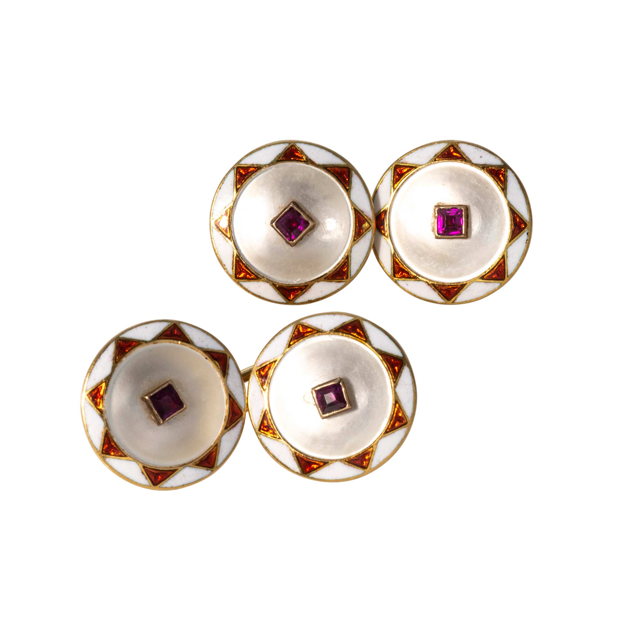Art Deco Style Ruby, Mother of Pearl & Enamel 18K Gold Cufflinks