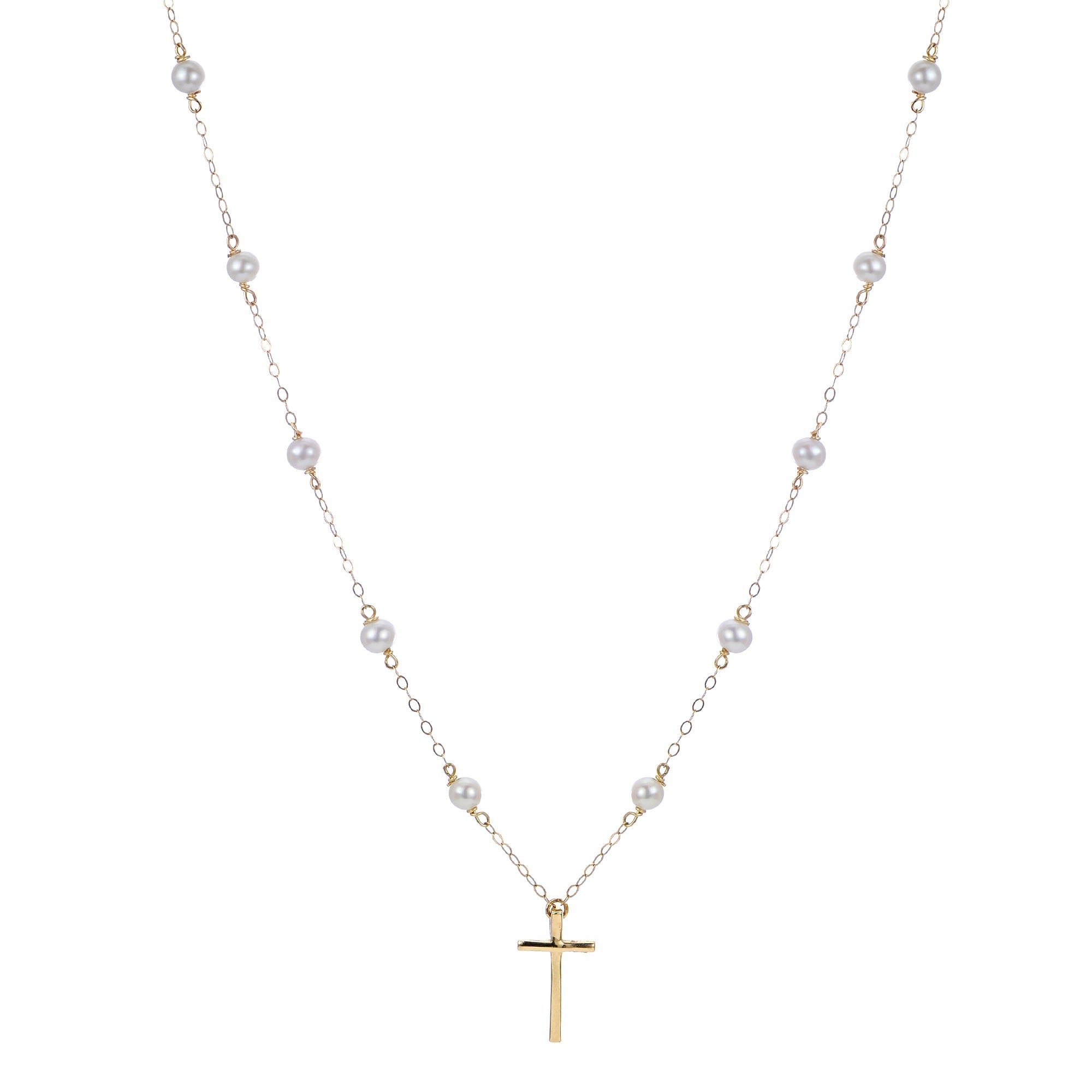 Child 4mm Freshwater Pearl Station 14K Yellow Gold Cross Necklace