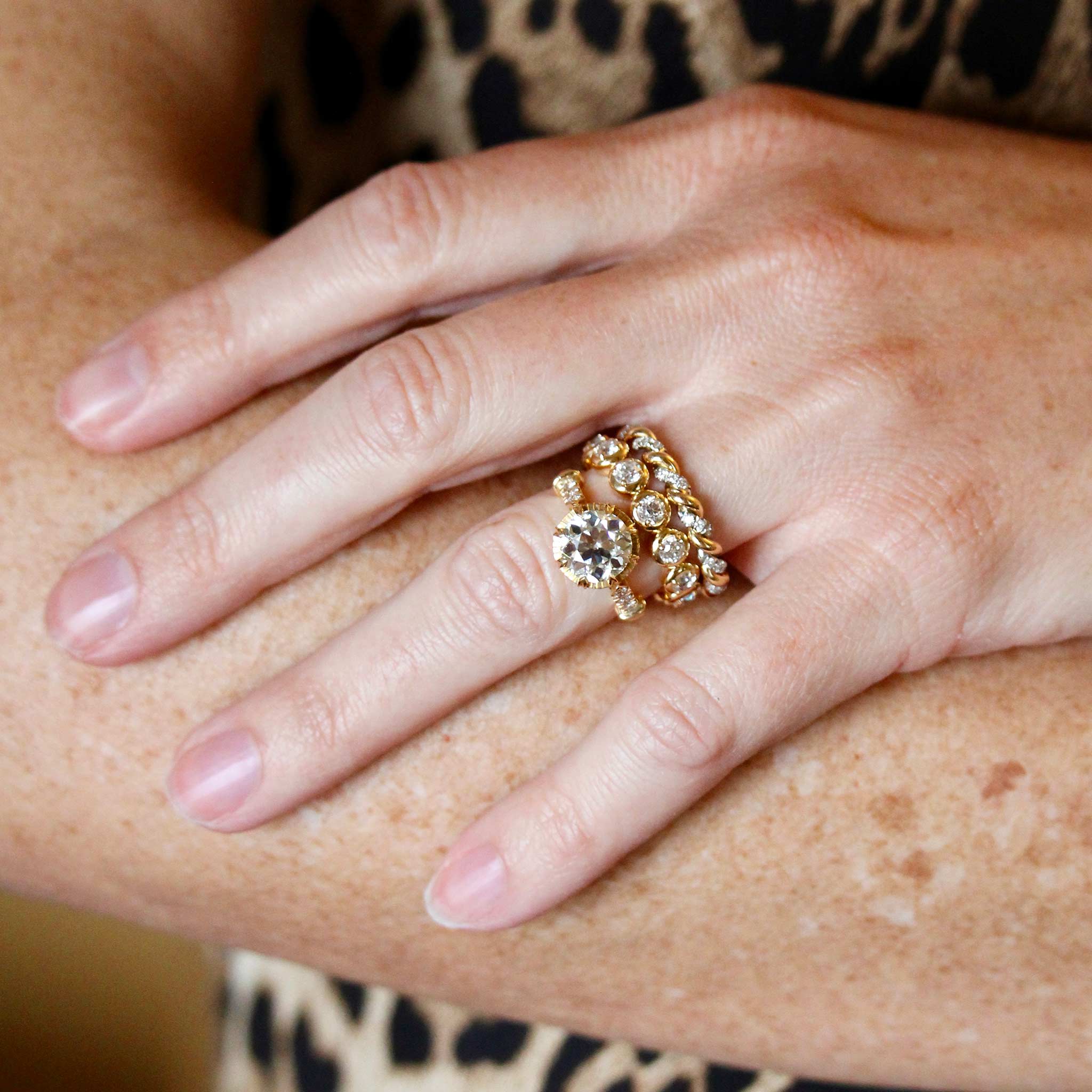 Single Stone Arielle Ring, Randi Band, Diamond Two-Tone Large Lara Band