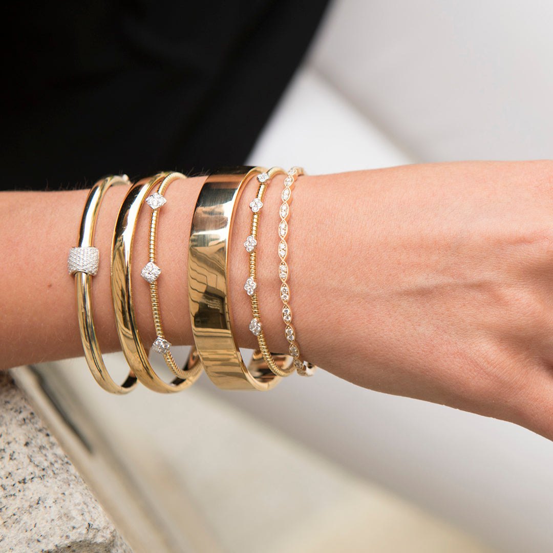 Diamond 5 Station 18K Yellow Gold Flexible Cuff Bangle
