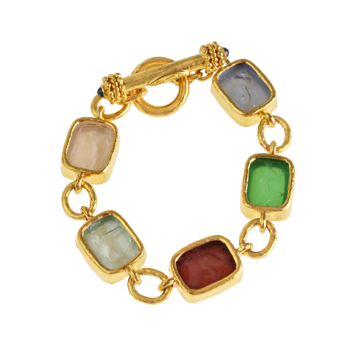 Elizabeth Locke Antique Animals bracelet with rectangular pastel Venetian glass intaglios in hammered 19K yellow gold and a toggle clasp.