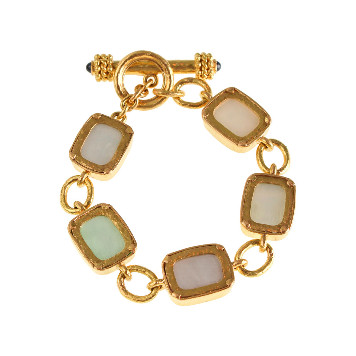 Back of Elizabeth Locke Antique Animals bracelet showing mother-of-pearl backing, rectangular gold settings, and toggle clasp.