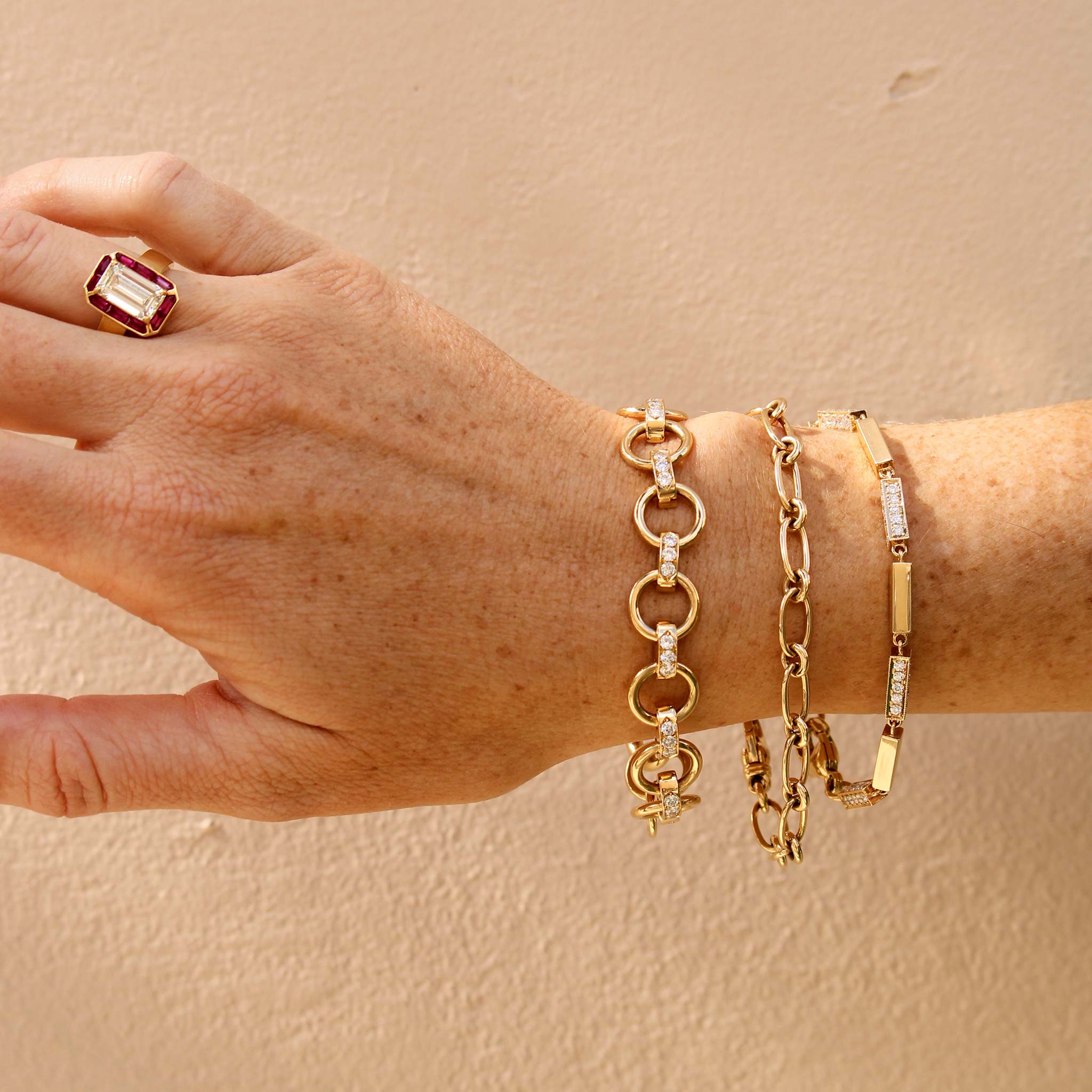 Single Stone Pippa Ring with Rubies, Single Stone Diamond Astrid Annex Bracelet, Lo Bracelet, Diamond Giana Bracelet