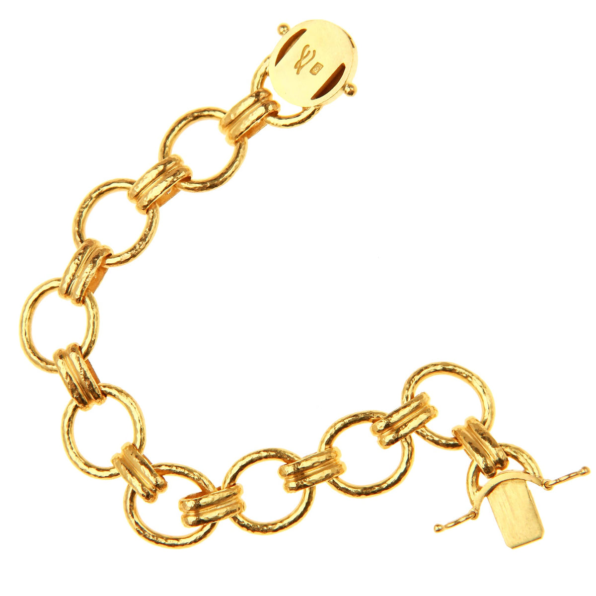 Back of Elizabeth Locke Rimini gold link bracelet with the box clasp open and safety clips visible.