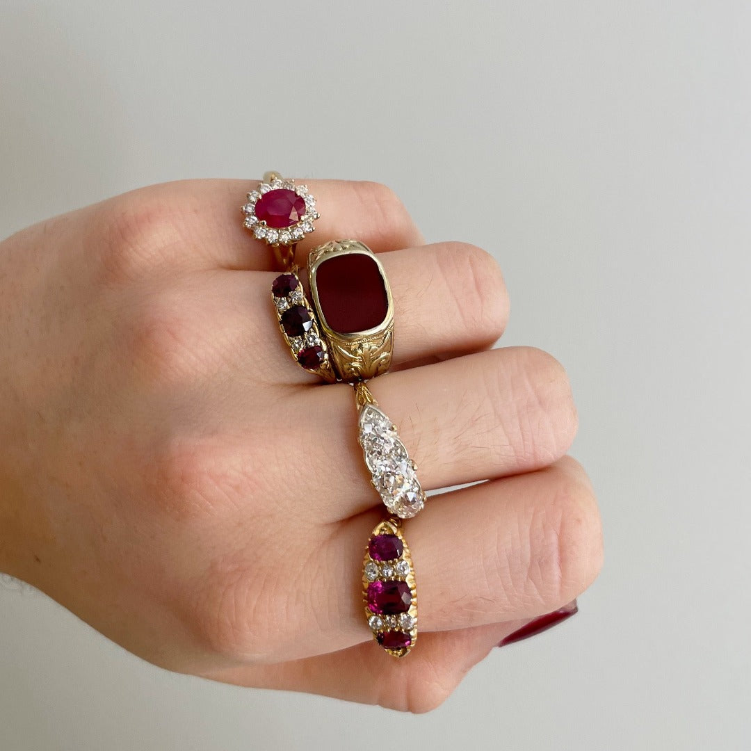 Victorian 1.8ct Three Stone Ruby & Diamond 18K Gold Ring