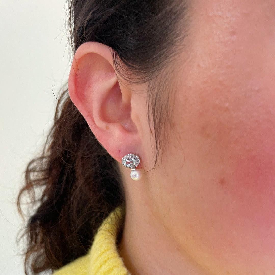 Freshwater Pearl, Aquamarine & Diamond 14K White Gold Earrings