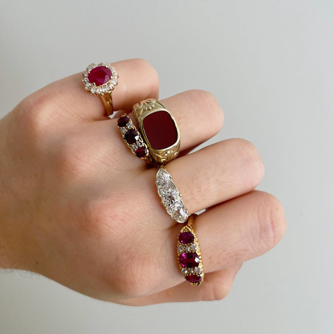 Victorian 1ct Three Stone Ruby & Diamond 18K Gold Ring