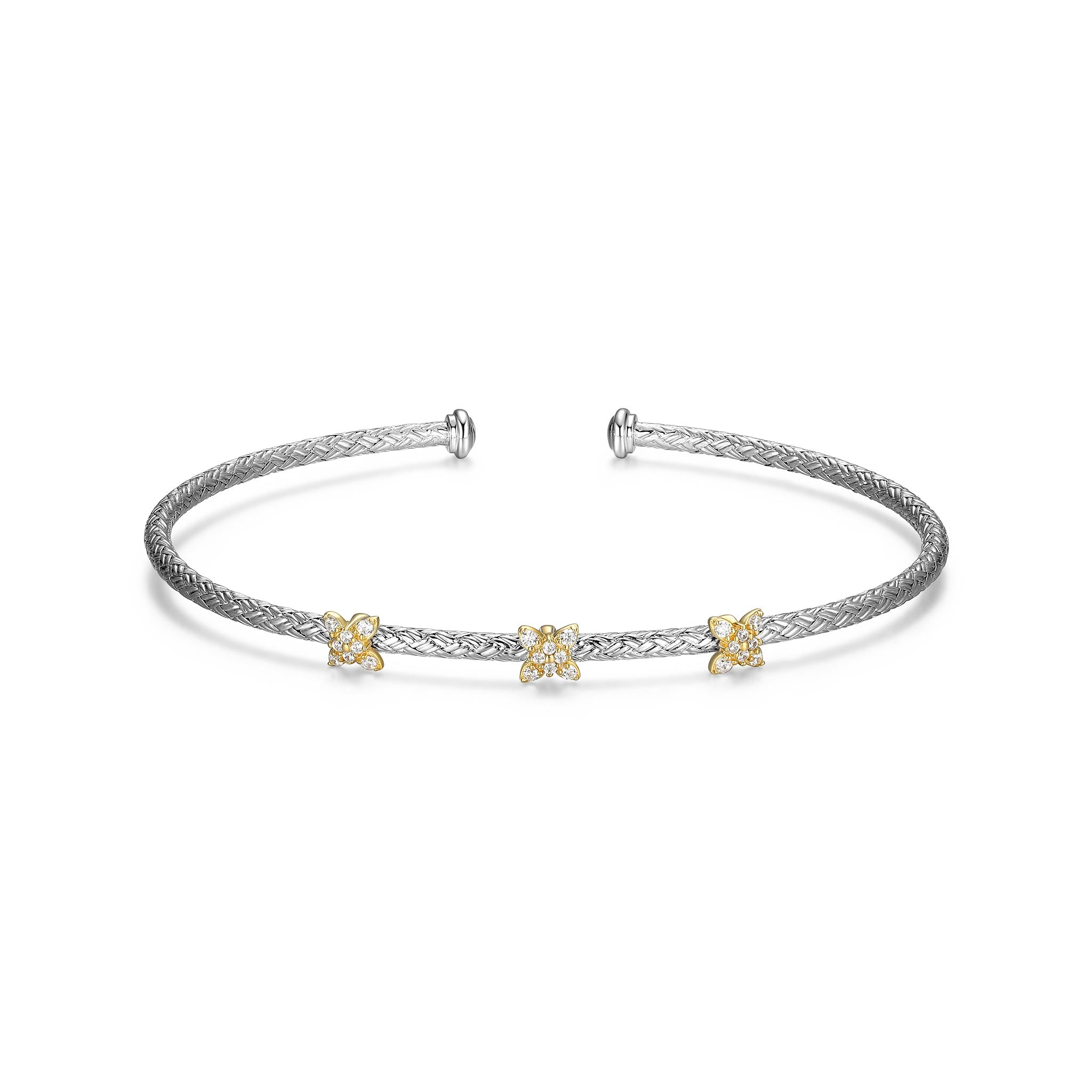CZ Flower Station Sterling Silver Classic Mesh Cuff Bangle