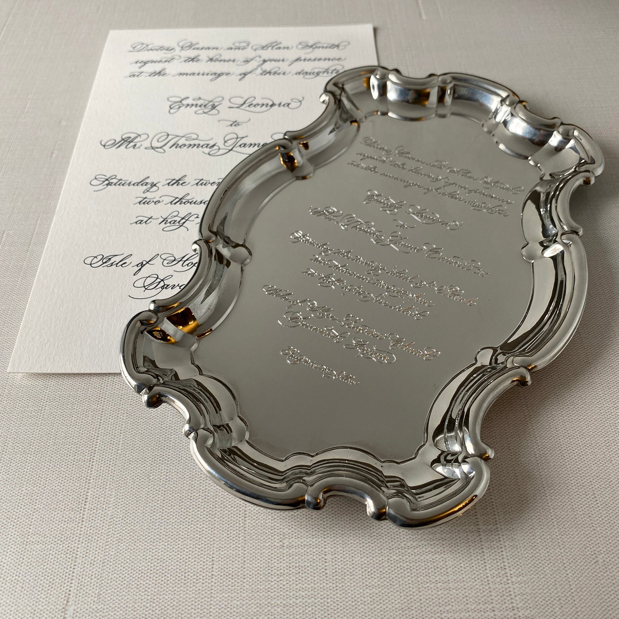 Pewter Chippendale Tray with Engraved Wedding Invitation