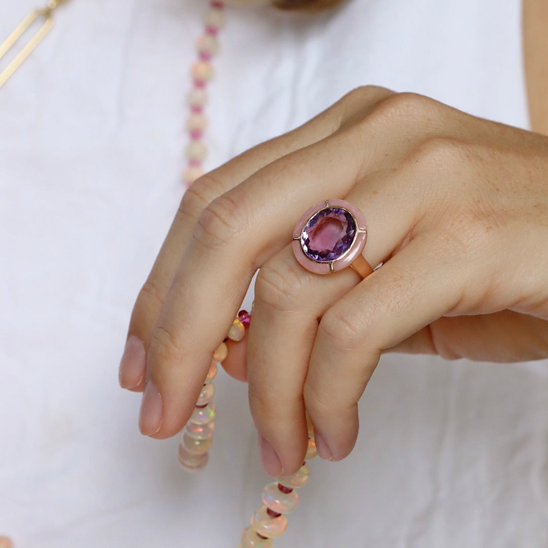 Goshwara Oval Light Amethyst & Pink Opal Inlay 18K Gold Ring
