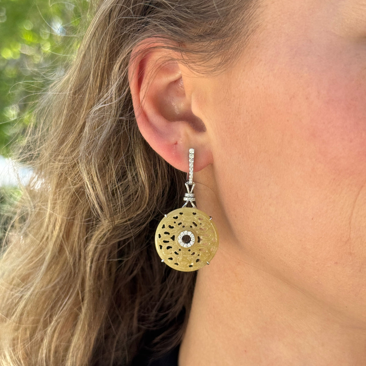 Diamond & Carved Yellow Jadeite 18K Gold Drop Earrings