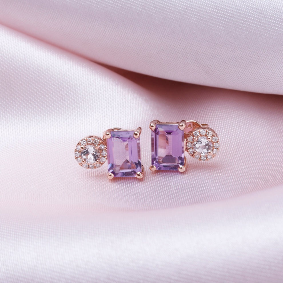 Emerald-Cut Amethyst & Round White Topaz 14K Rose Gold Stud Earrings