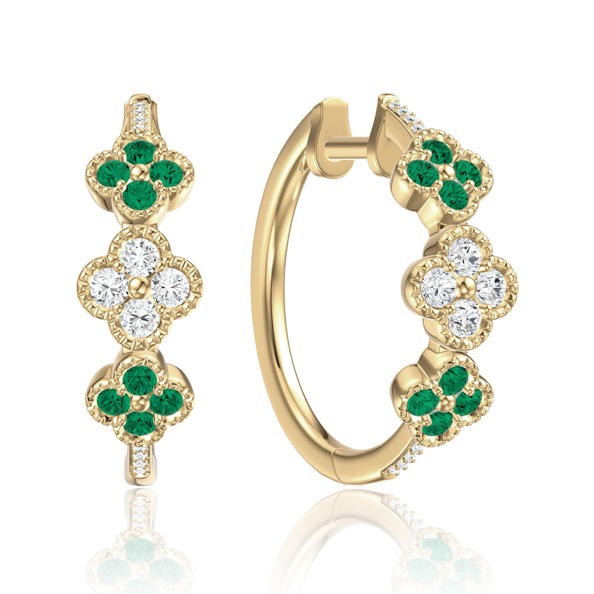 Emerald & Diamond 14K Yellow Gold Floral Hoop Earrings