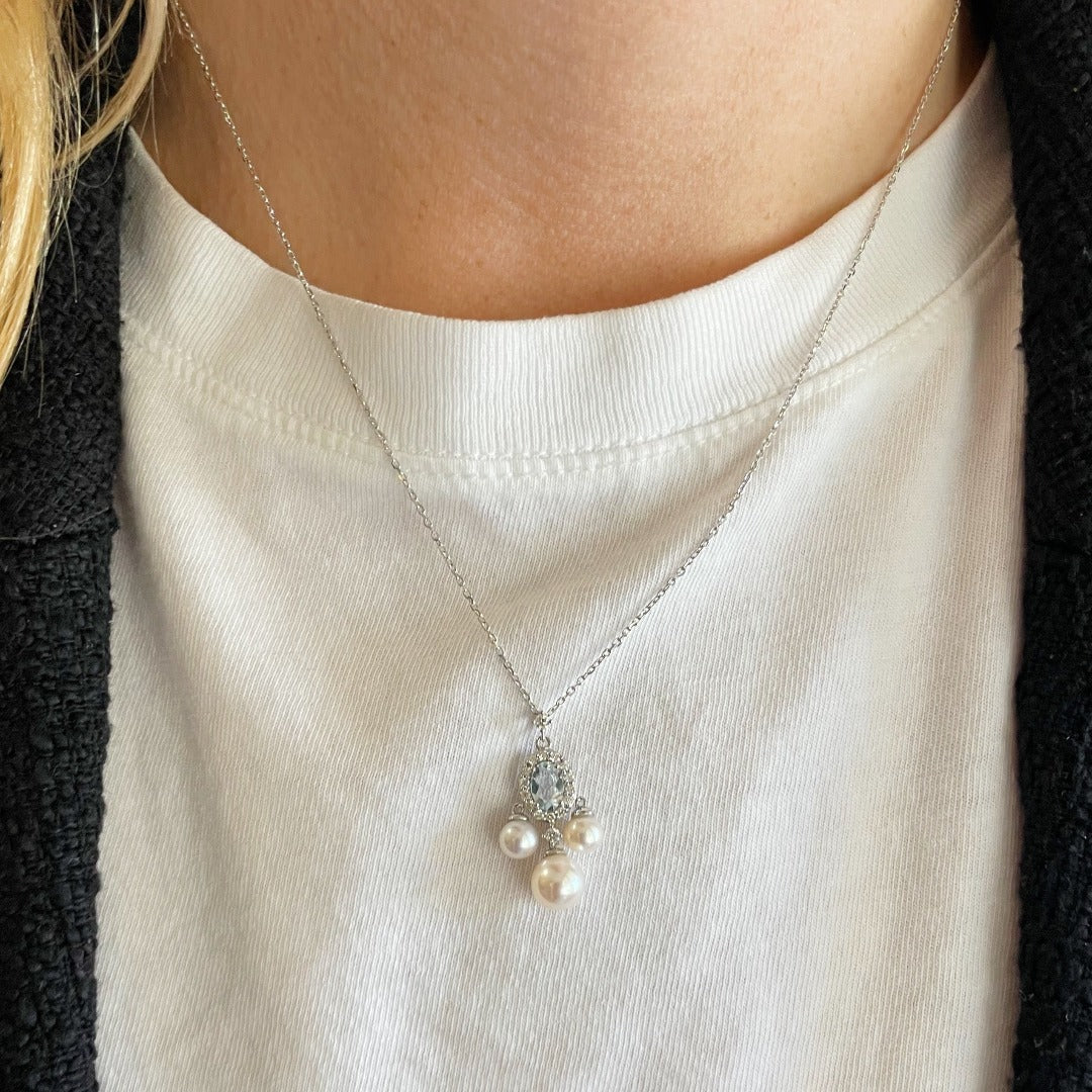 Freshwater Pearl, Aquamarine & Diamond 14K White Gold Necklace