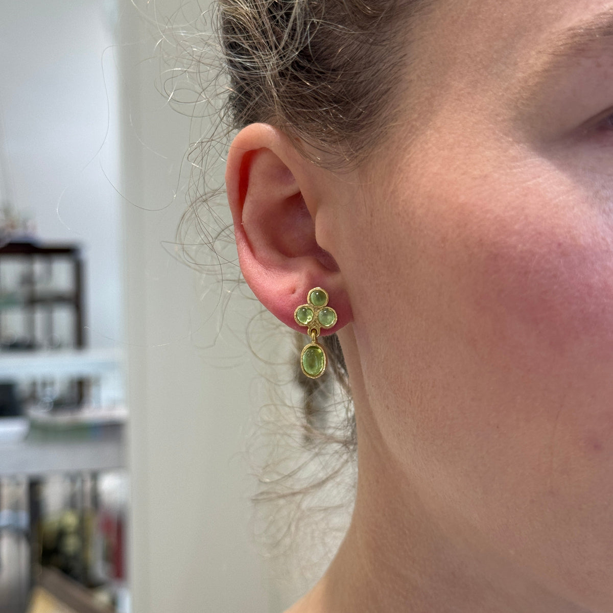 Elizabeth Locke Peridot Cabochon Triad & Oval Drop Earrings