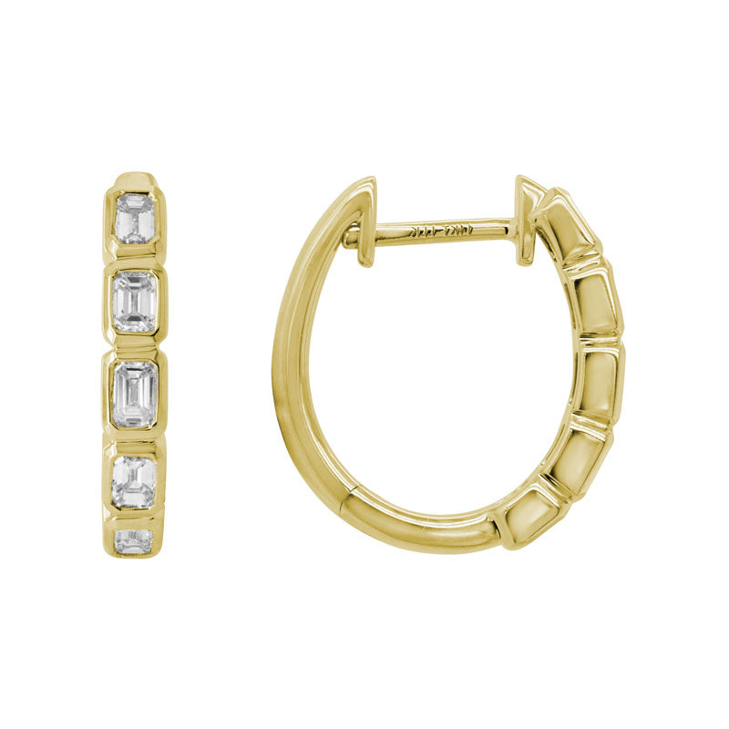 Emerald-Cut Diamond Bezel 14K Yellow Gold Huggie Earrings