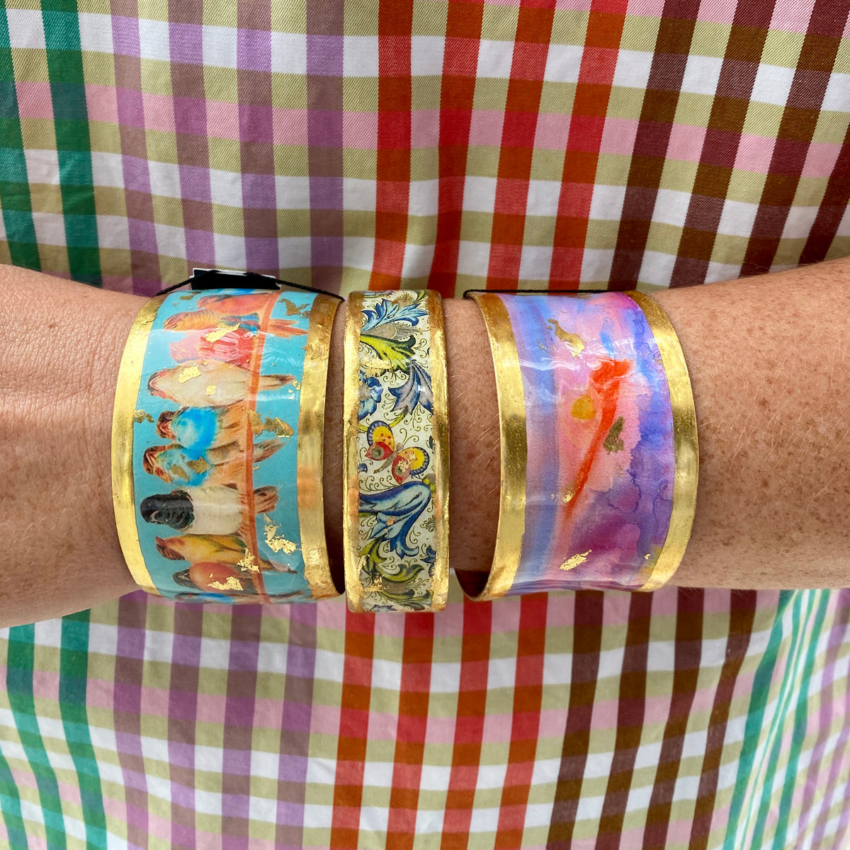 Evocateur Perch of Birds 22K Gold Leaf Cuff 1.5", Evocateur Morning Run 22K Gold Leaf Corset Cuff 2"