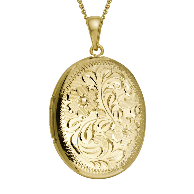 14K Yellow Gold Engraved Floral Oval Locket Necklace