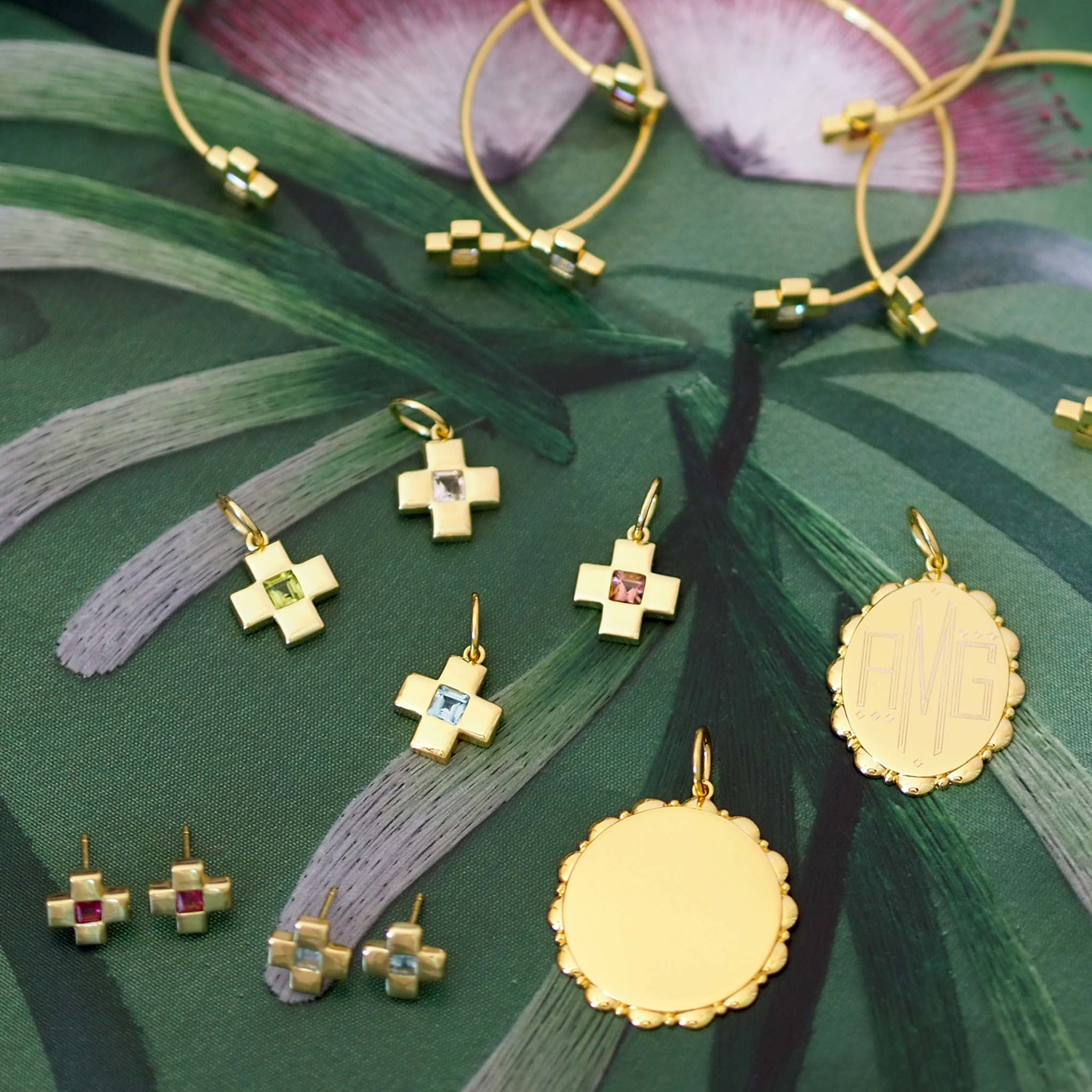 Goldbug Collection Blue Topaz Cross Charm, Oval Dot & Dash Pendant, Round Dot & Dash Pendant