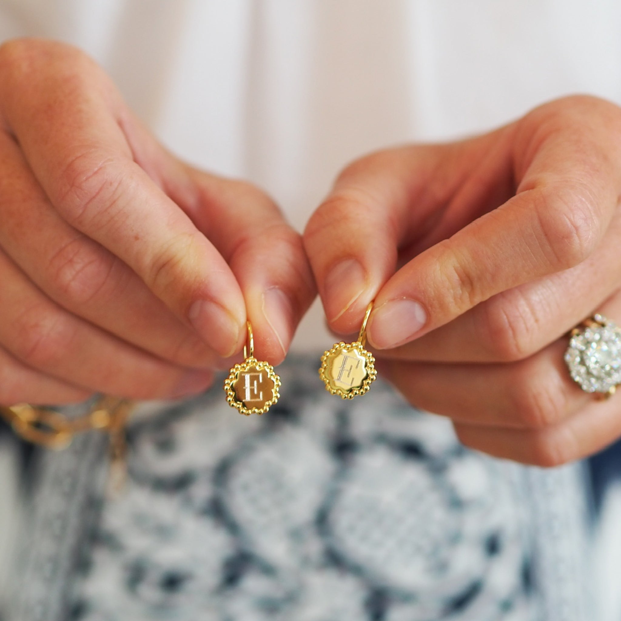 Goldbug Scalloped Drop Earrings with machine engraving